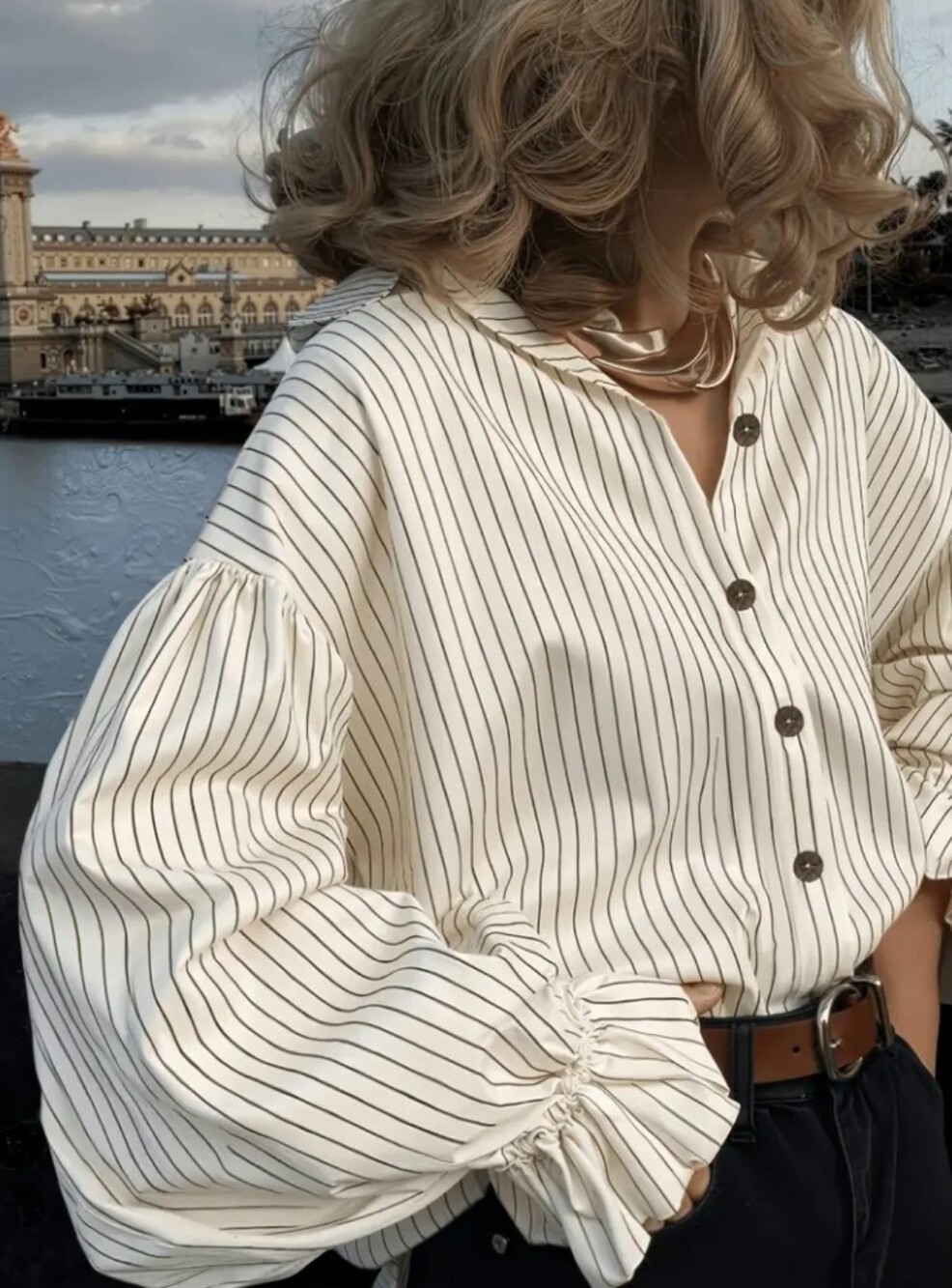 Women's Early Autumn Ruffled Lantern Sleeve Front Button Top, Street Style